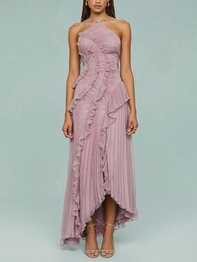 One-Shoulder Ruffle Pleated High-Low Dress in Dusty Pink